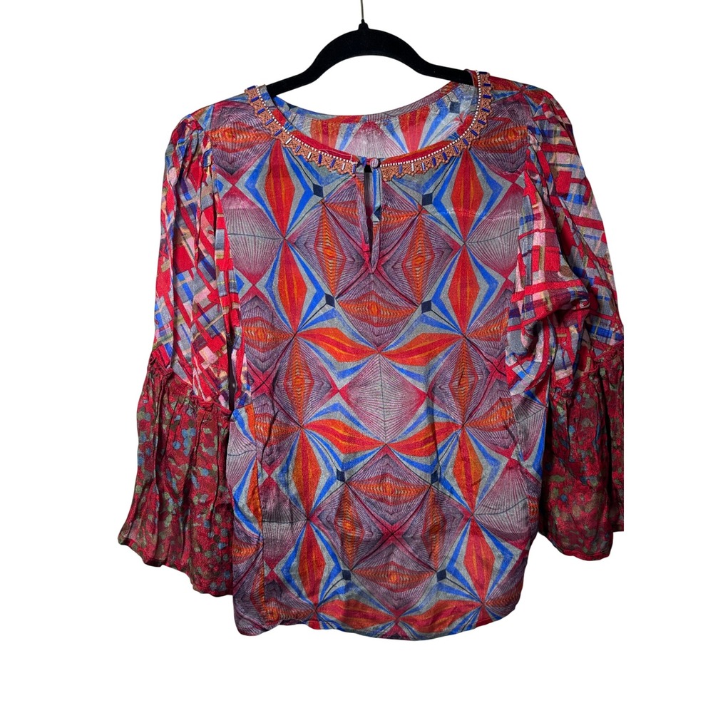 Bl^nk London Multicolor Diamond Pattern Beaded Blouse Boho‎ Bell Sleeve Small
